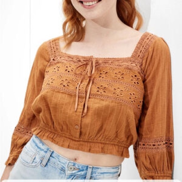 American Eagle Boho Brown Lace Top - Picture 6 of 7